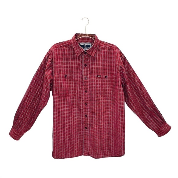 Polo Sport Plaid Button Down Shirt Men’s Large Red Black White Long Sleeve EUC - Picture 2 of 7